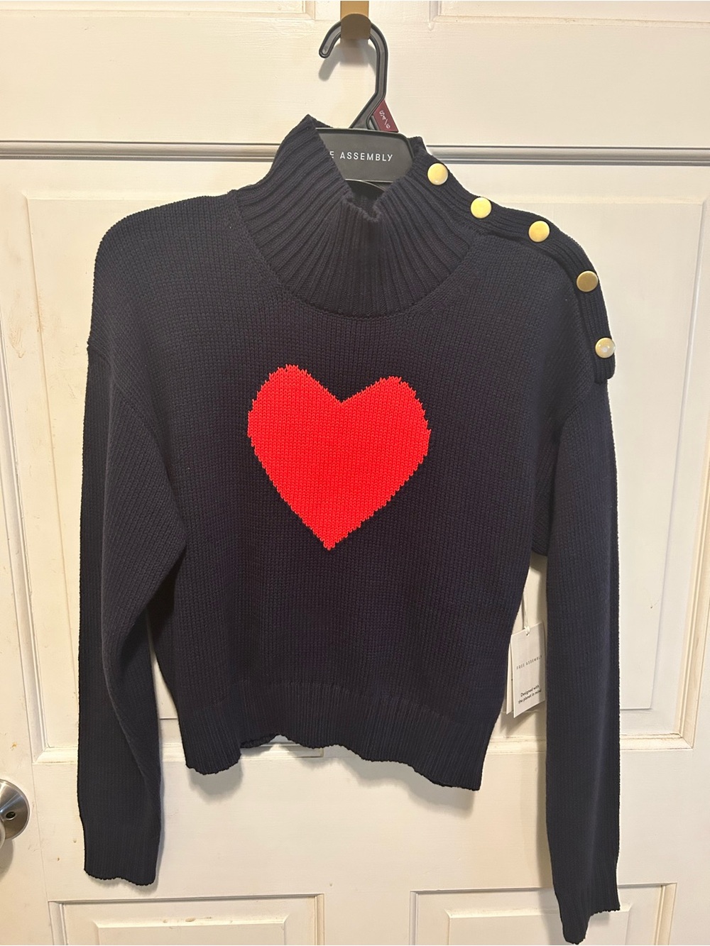 Women's Navy Turtleneck Sweater with Red Heart & Gold Shoulder Buttons